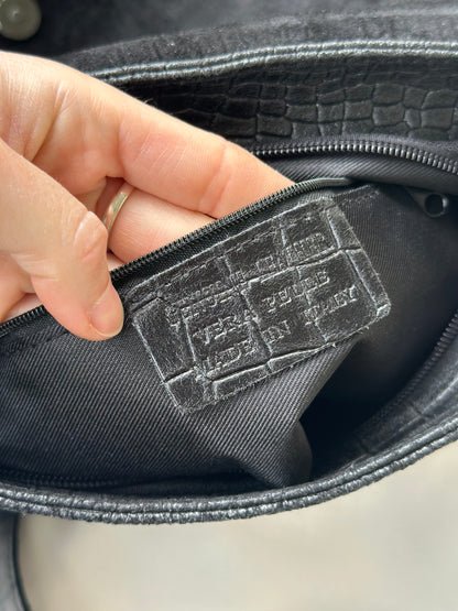 Sac bandoulière cuir et daim effet croco noir – fabriqué en Italie
