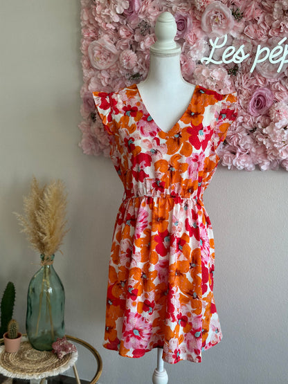 Robe d’été fluide à motifs fleuris rose orangé dos ouvert T.40