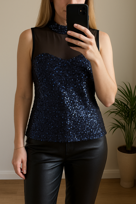 Top sans manches sequins bleu marine T.40