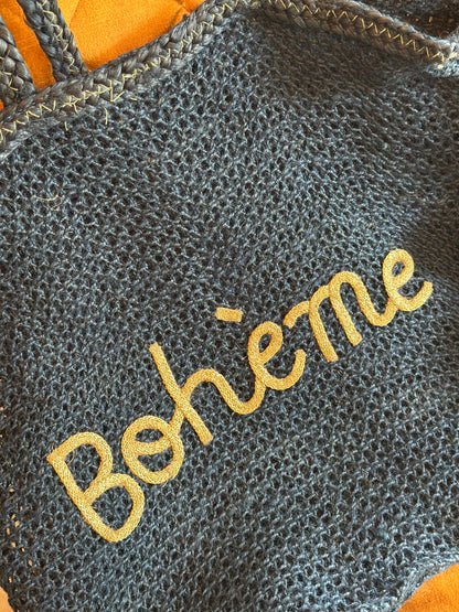 Sac cabas en jute bleu marine “Bohème” – anses cuir