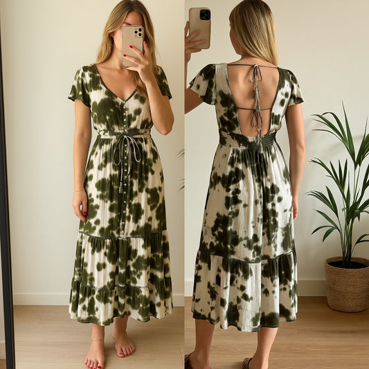Robe longue kaki et blanc dos nu modèle chica T.36