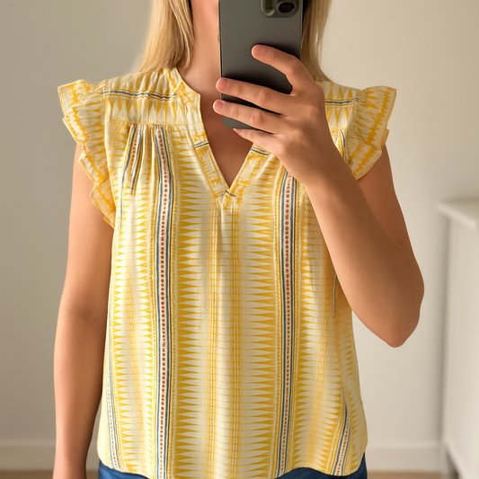 Blouse imprimée jaune, manches volantées T.42