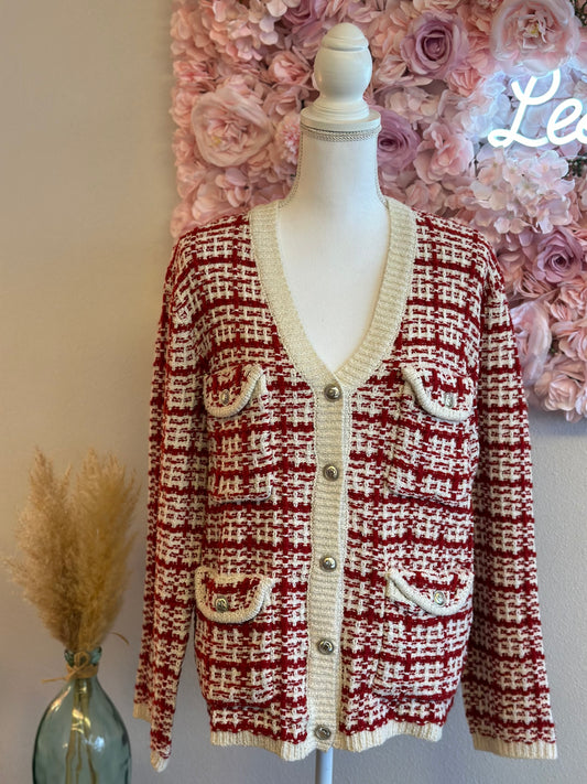 Cardigan rouge et blanc en maille effet tweed T.36