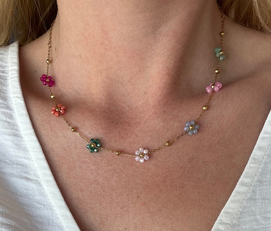 Collier en acier inoxydable doré, marguerites en pierres colorées