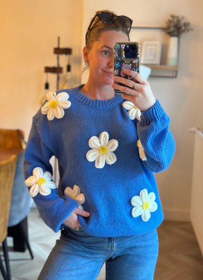 Pull oversize à fleurs en relief bleu T.36/38 neuf