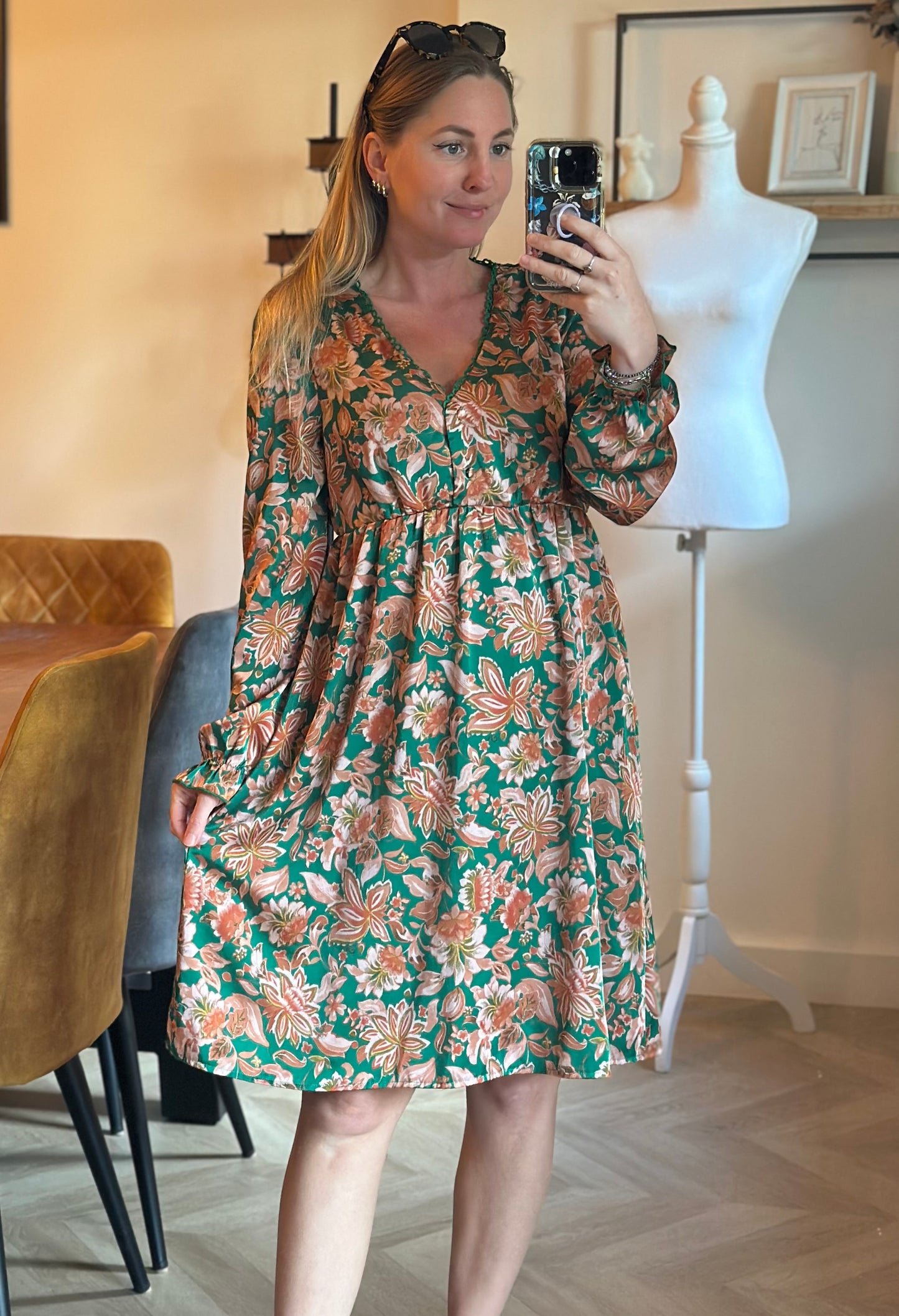 Robe fluide fleurie verte & terracotta T.38/40