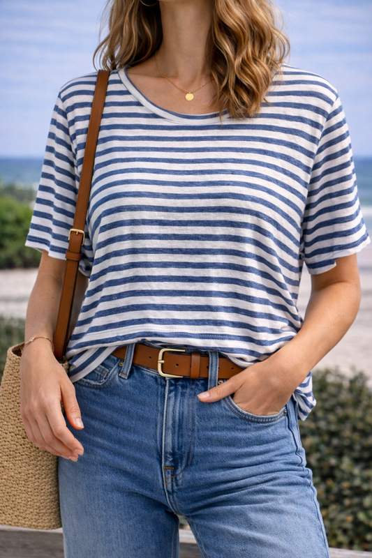 T-shirt rayé bleu et blanc – 100 % lin T.42