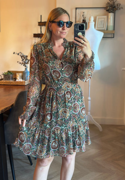 Robe courte imprimé bohème kaki T.40