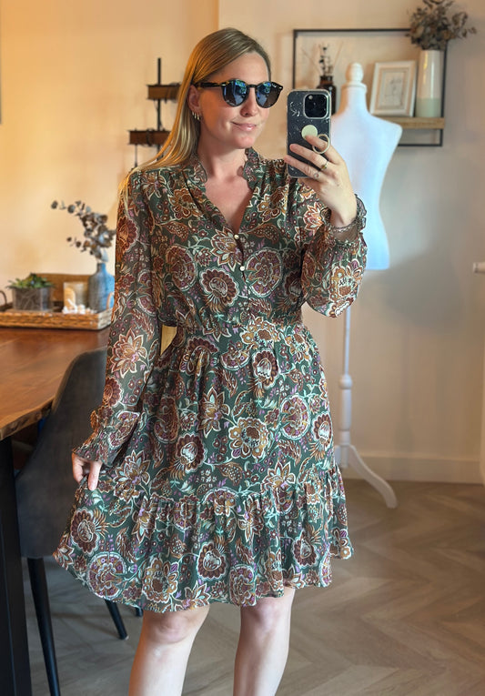 Robe courte imprimé bohème kaki T.40