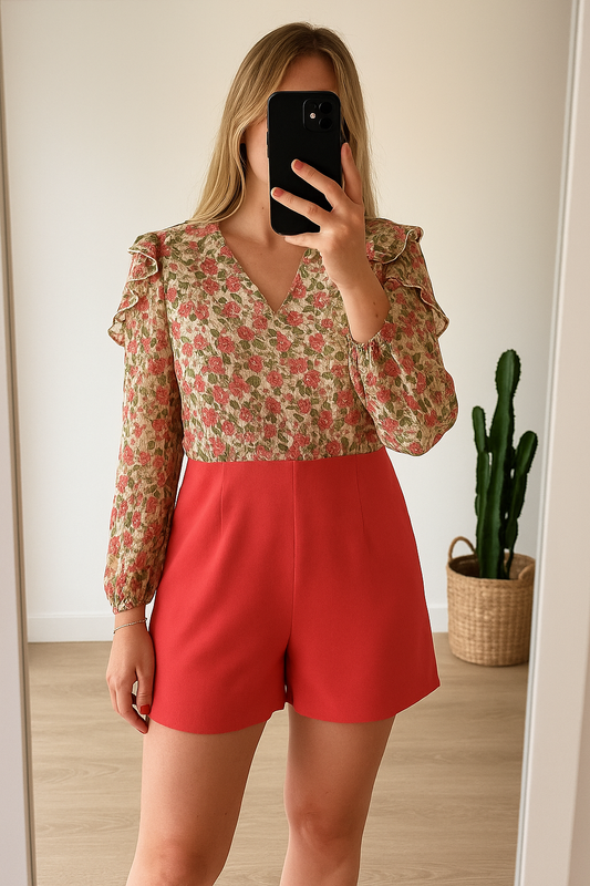 Combishort fleuri corail T.38