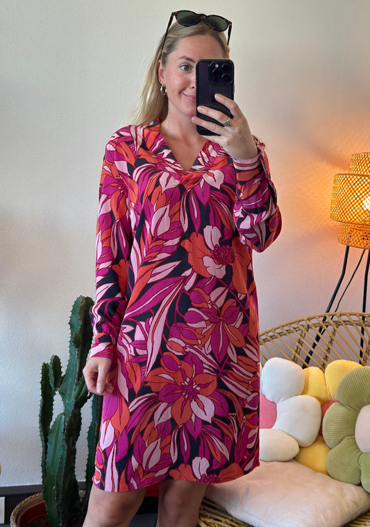 Robe à motifs fleuris rose et rouge, 100% soie, T.36/38