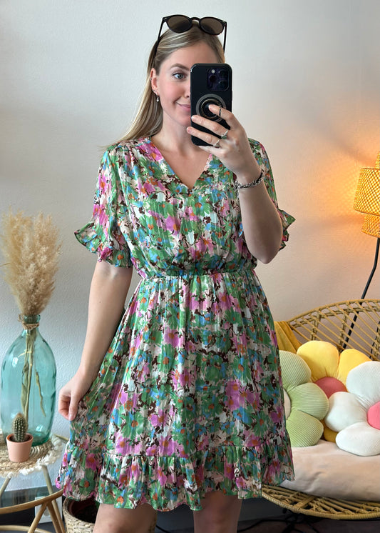 Robe fluide à motifs fleuris rose et vert T.36