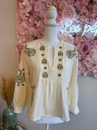 Blouse bohème blanche en gaze de coton, broderie florale verte, T.36