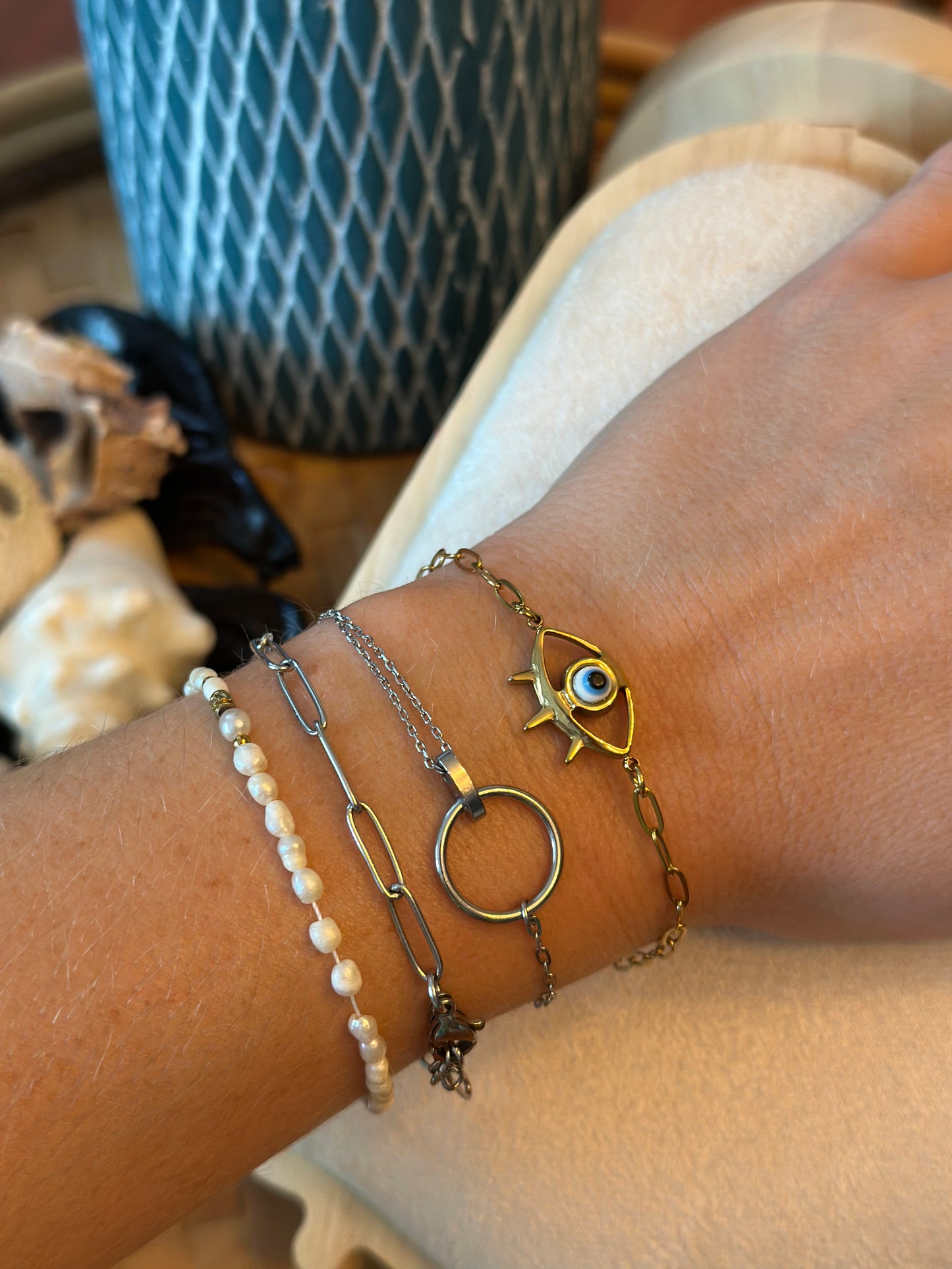 Bracelet œil protecteur doré – Acier inoxydable – Chaîne à maillons – Neuf