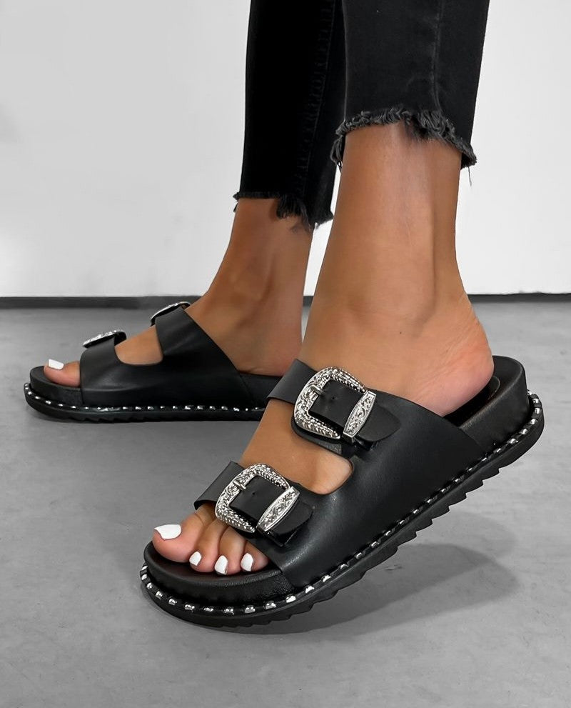 Sandales western à boucle épaisse noir/argent P.36