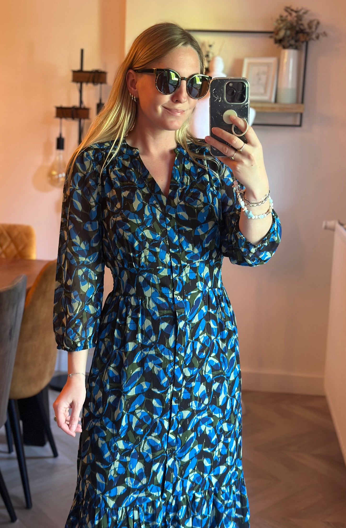 Robe longue imprimé graphique bleu neuve avec étiquette T.34