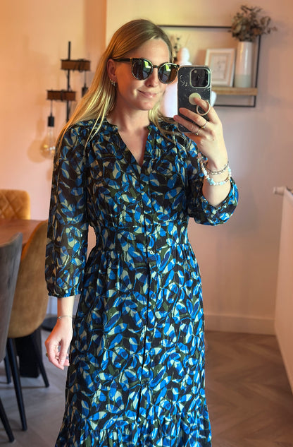 Robe longue imprimé graphique bleu neuve avec étiquette T.34