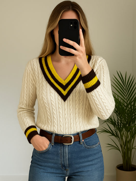 Pull torsadé en maille blanche avec col en V jaune et lurex T.36 oversize