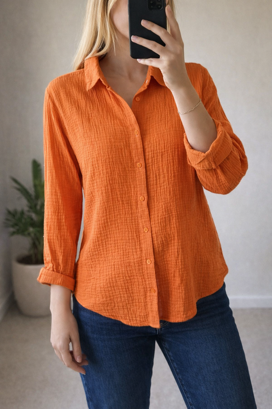 Chemise unie en gaze de coton orange T.38
