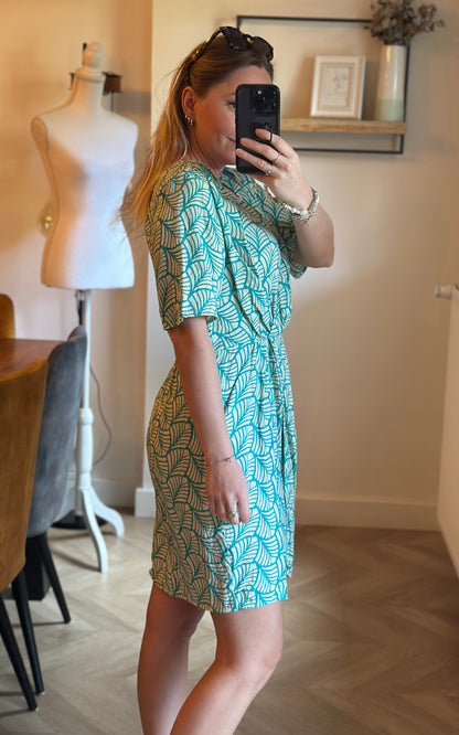 Robe d’été cache-cœur imprimé turquoise et blanc T.38