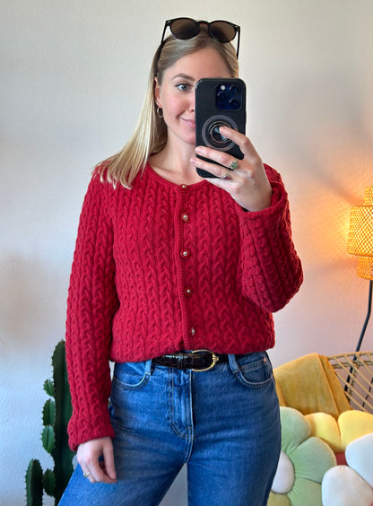 Cardigan rouge en laine, maille torsadée, Vintage T.38/40