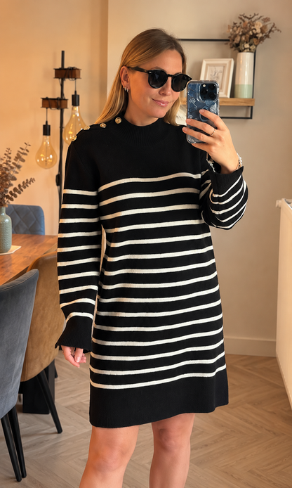Robe pull marinière noire et écrue boutons dorés laine T.U