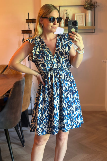 Robe fluide imprimé bleu volantée T.36/38