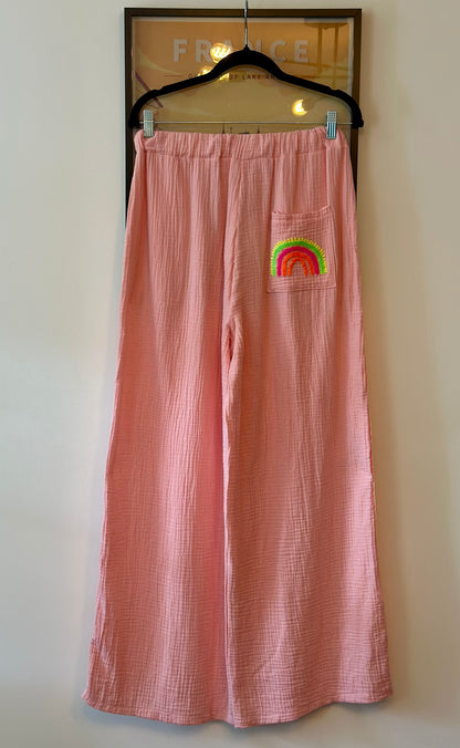 Pantalon rose gaze de coton Made in Italy – Broderie arc-en-ciel T.U 36 à 44