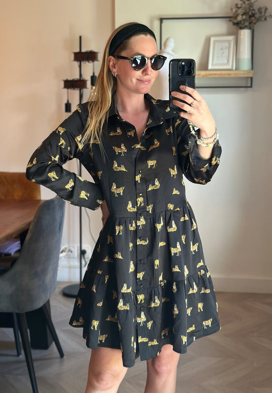 Robe courte fluide imprimé tigre noir et doré T.36