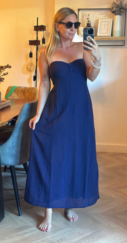 Robe longue bustier en gaze de coton bleu marine T.38