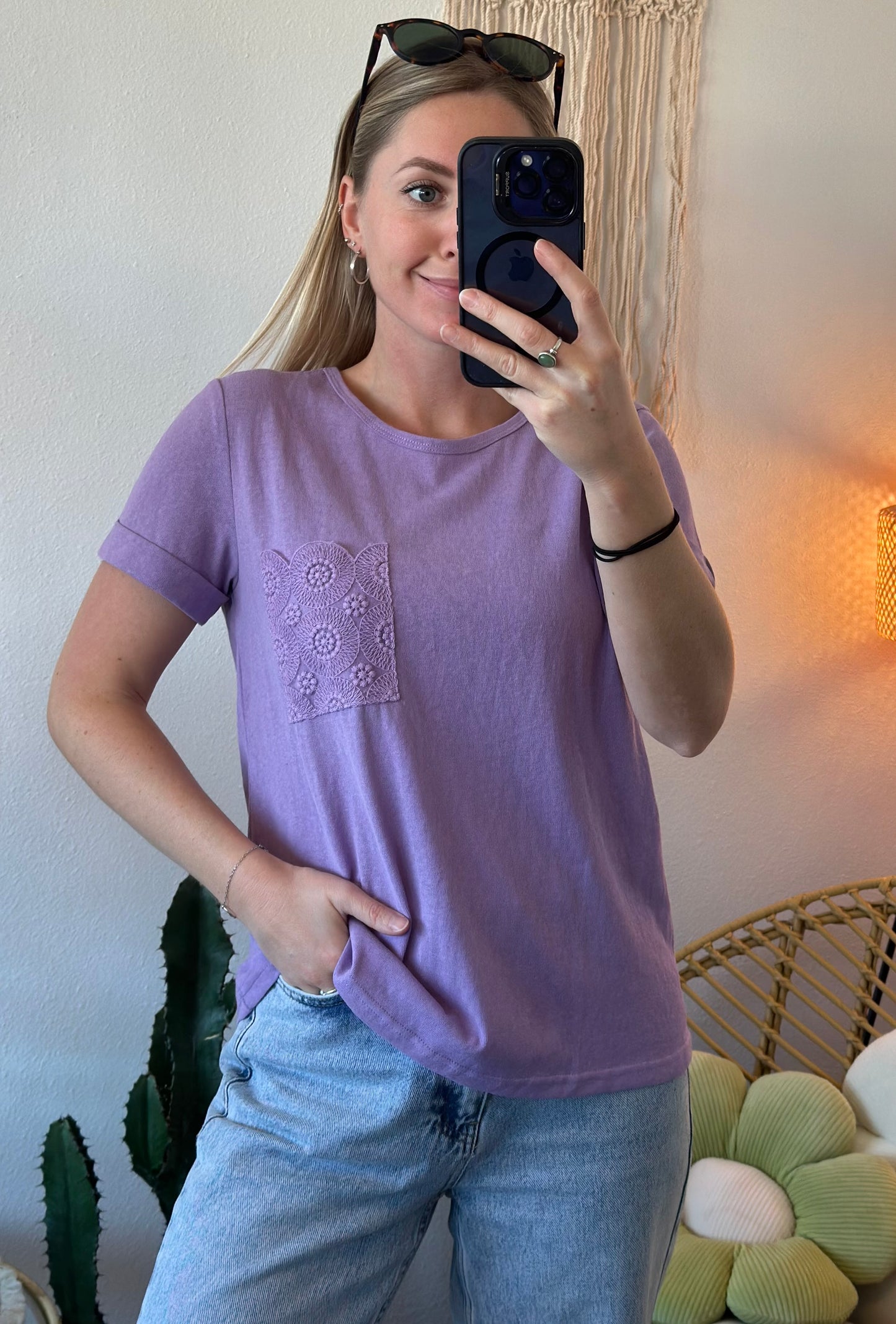 T-shirt lilas, avec poche brodée, modèle Félicien, taille S - Grace & Mila