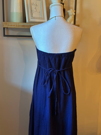 Robe longue bustier en gaze de coton bleu marine T.38