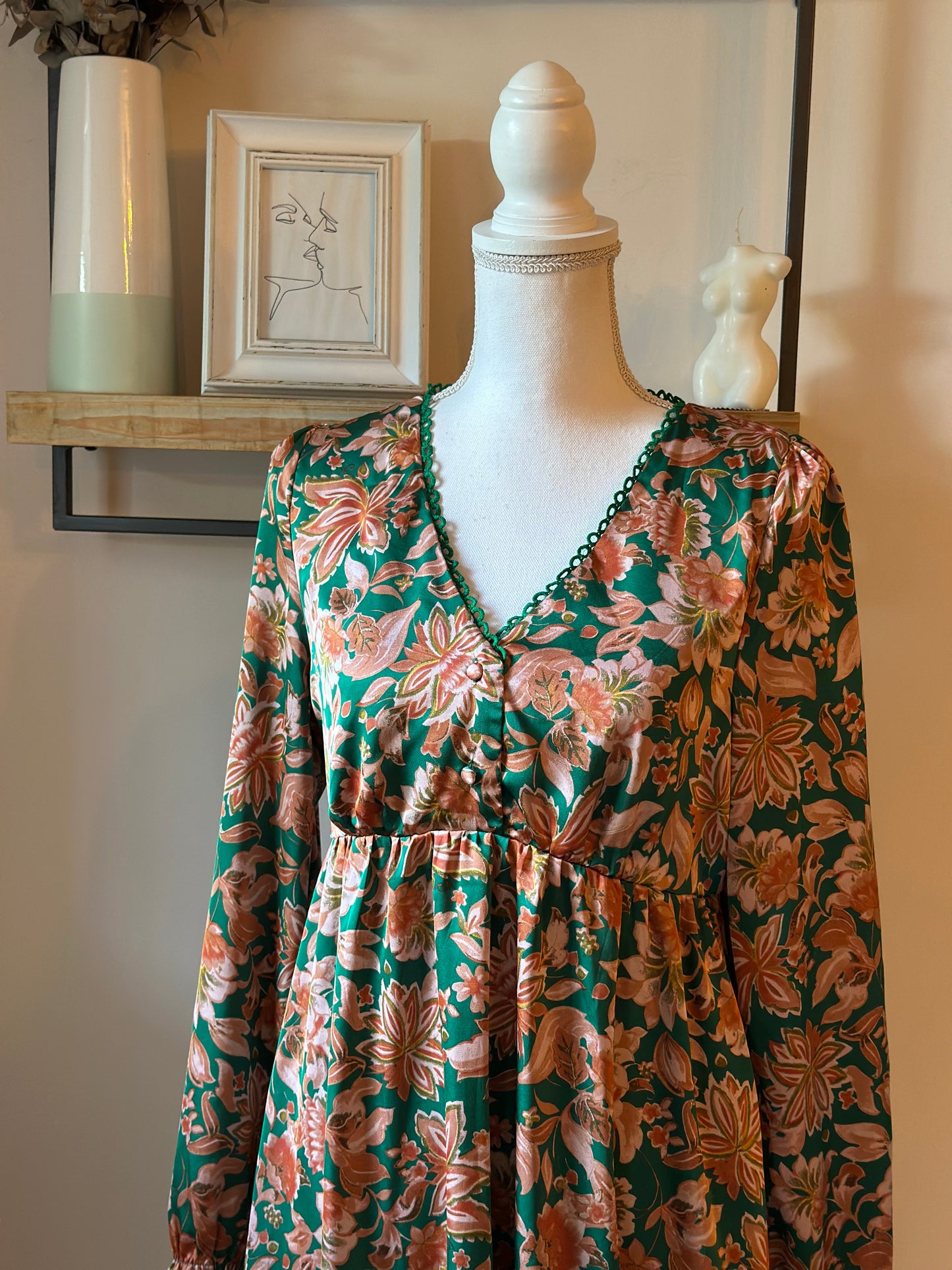 Robe fluide fleurie verte & terracotta T.38/40