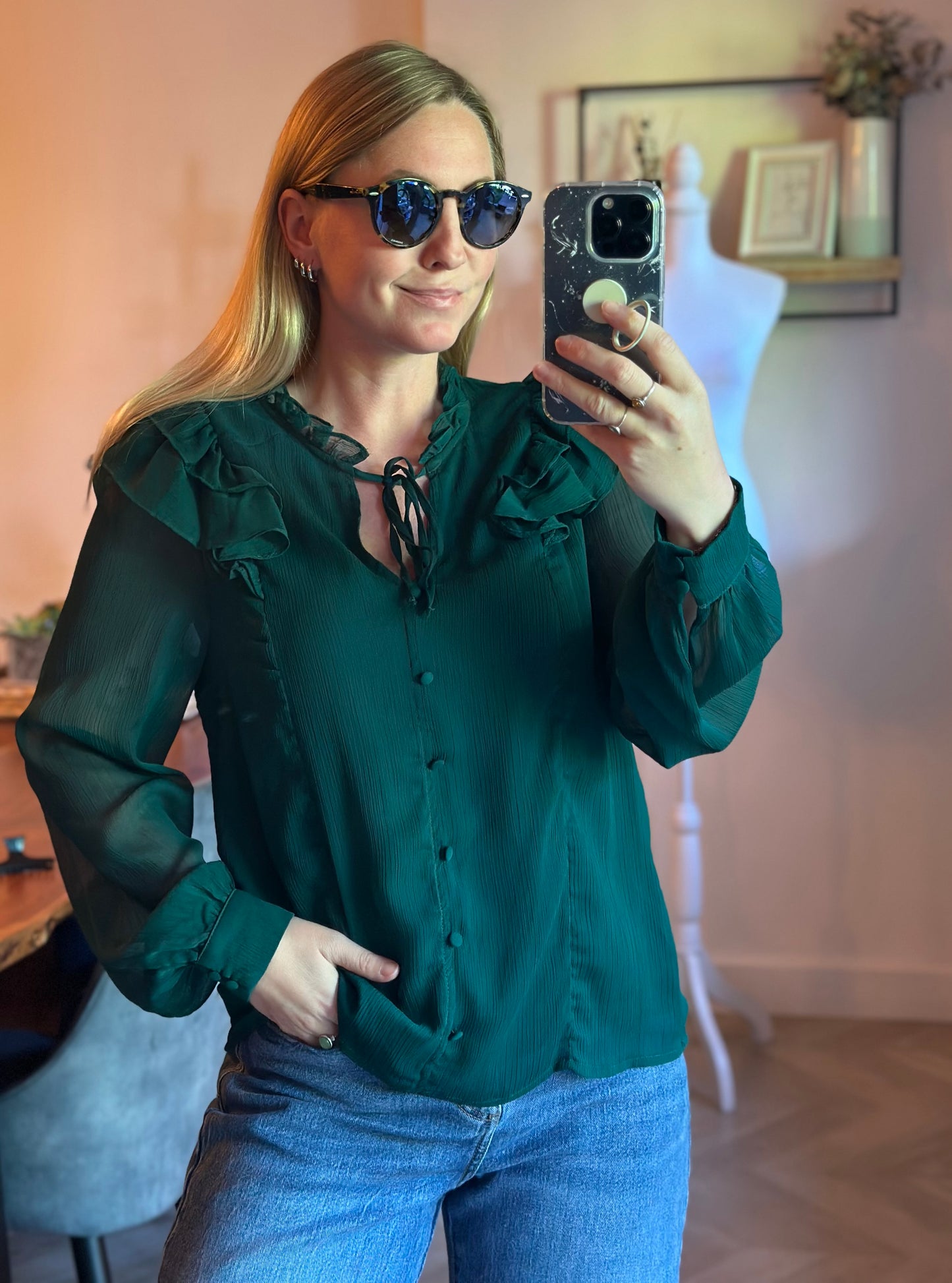 Blouse volantée vert sapin Nafnaf voile fluide T.38