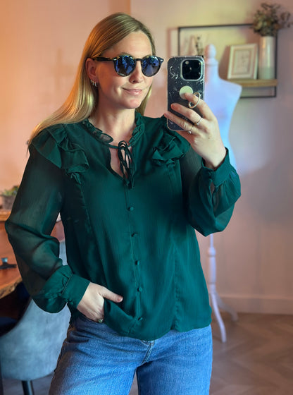 Blouse volantée vert sapin Nafnaf voile fluide T.38