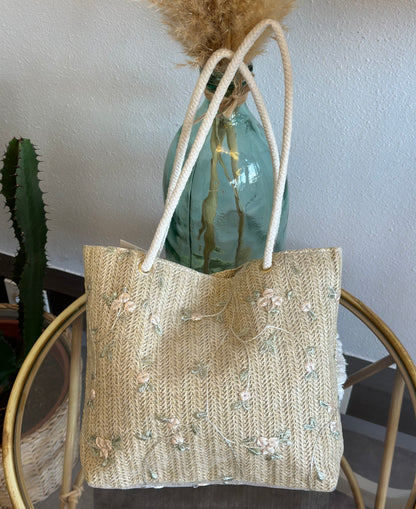 Sac cabas tissé en toile imprimée à fleurs, porté épaule