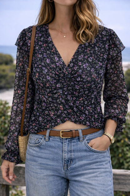 Blouse fluide style bohème fleurie lilas/violet T.38