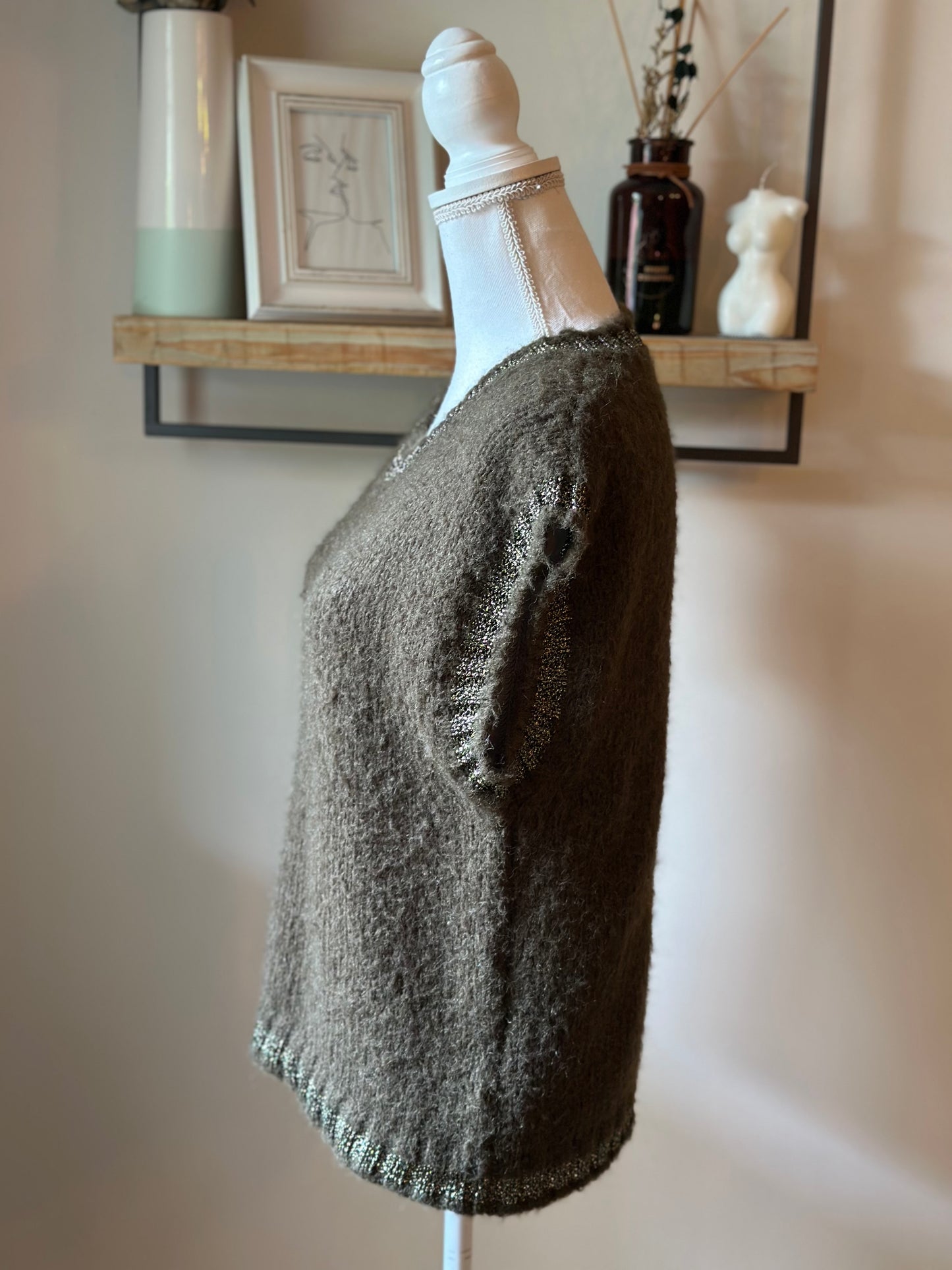 Pull sans manches maille duveteuse laine kaki T.36/38 oversize