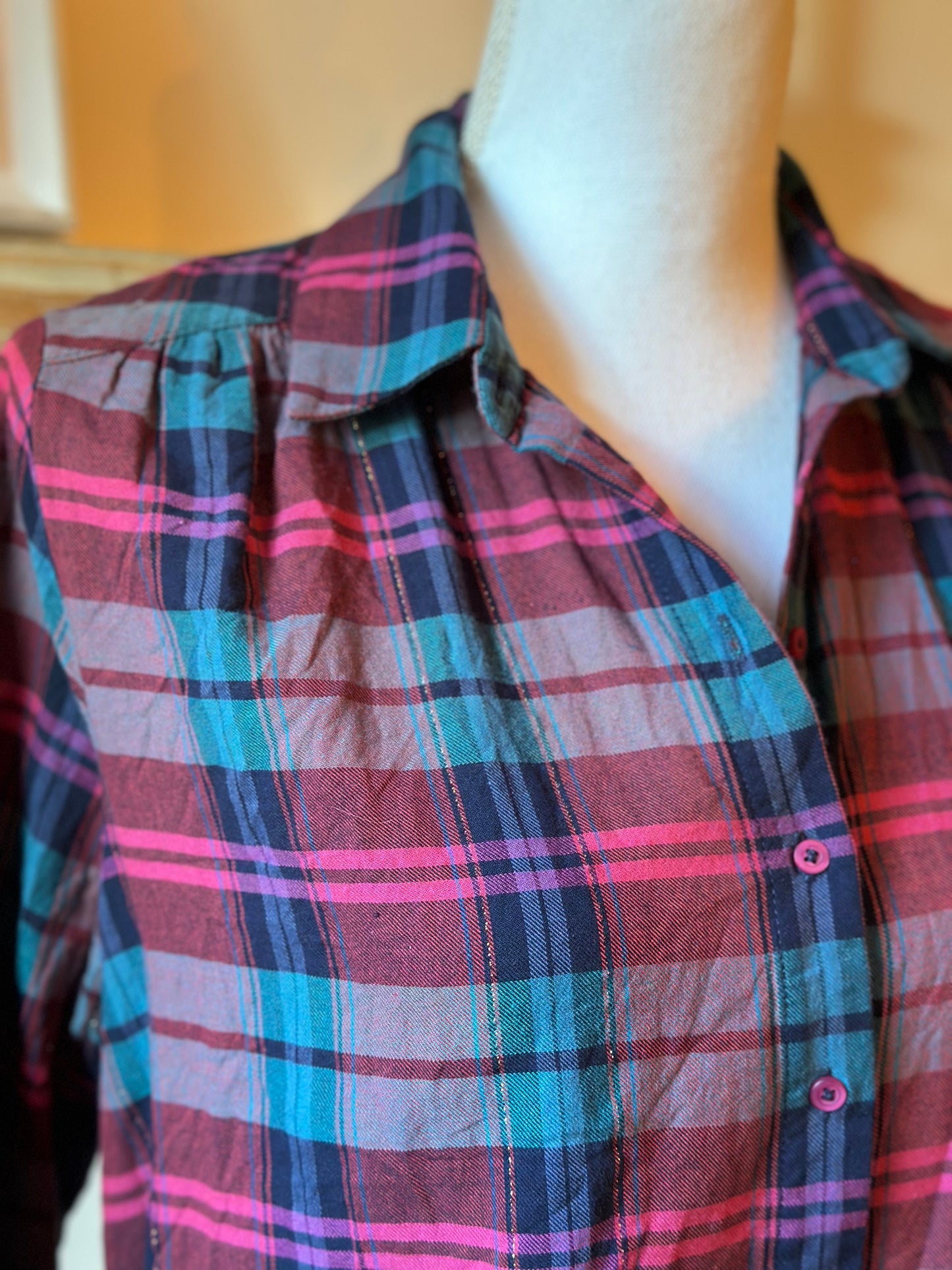 Chemise à carreaux rouge rose bleu lurex en coton T.36