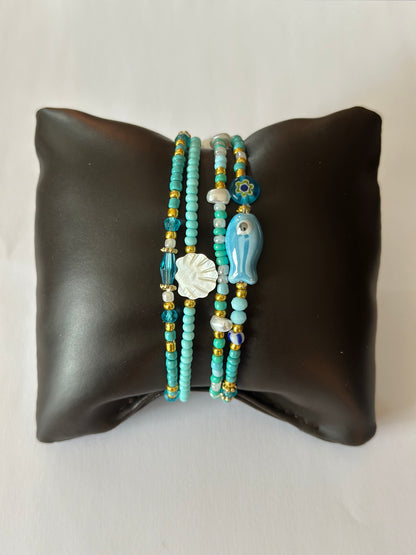 Lot de 4 bracelets perles bleu & doré, neufs