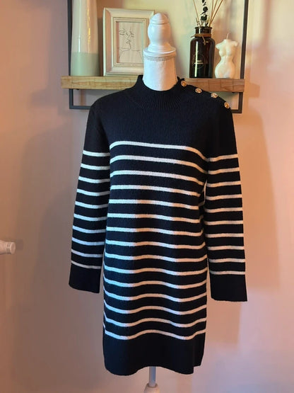Robe pull marinière noire et écrue boutons dorés laine T.U