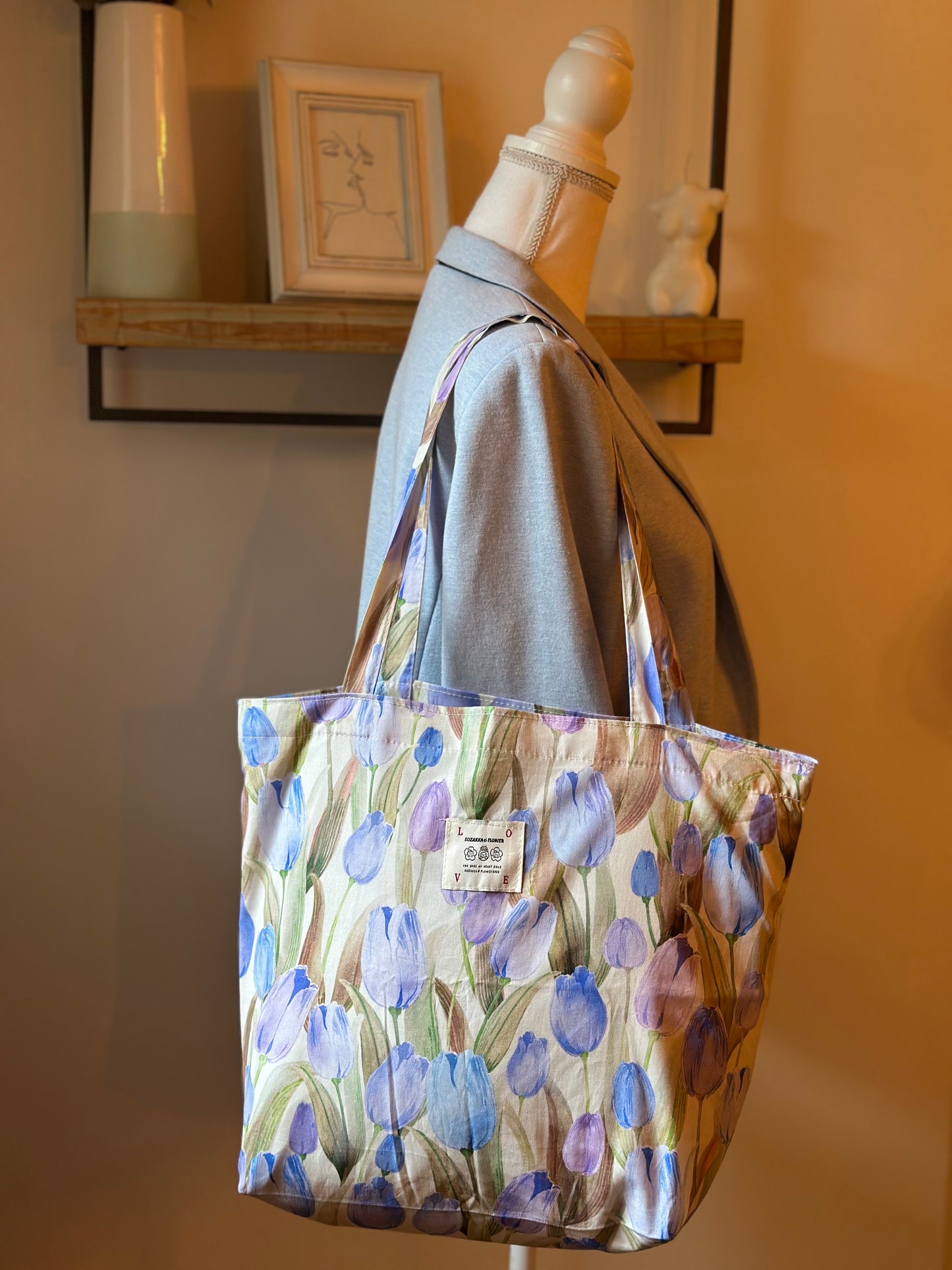 Sac tote bag en tissu imprimé de tulipes lila bleu neuf