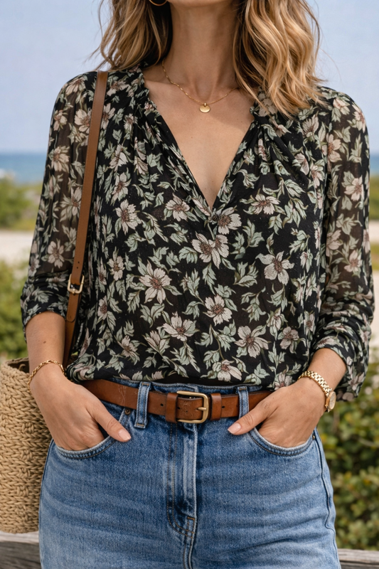 Blouse fluide à motifs fleuris verts, neuve, T.34