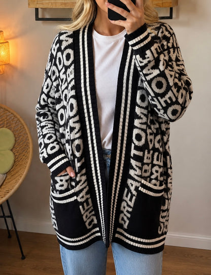 Cardigan noir et blanc laine et mohair à lettrage “Dream Tomorrow” T.36/38