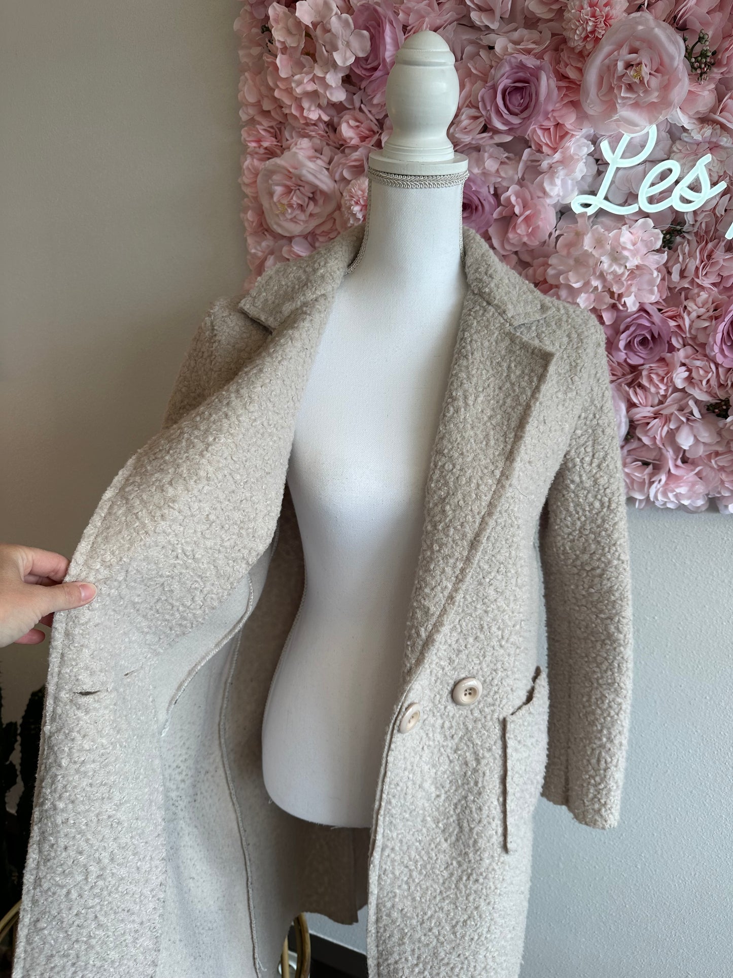 Manteau en bouclette teddy mi-long, couleur crème, T.36/38