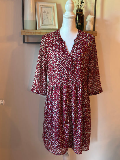 Robe fluide imprimé léopard bordeaux col V manches 3/4 T.42