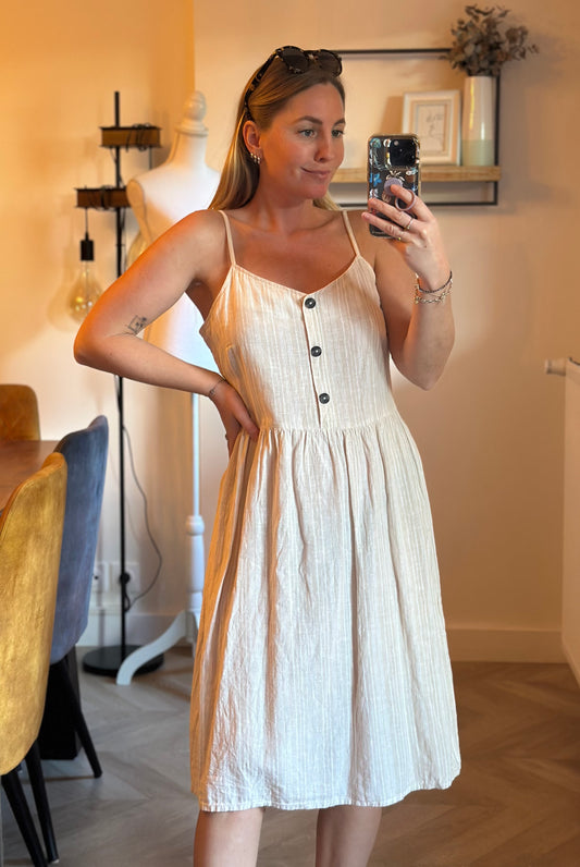 Robe midi à rayures fines beige – en lin T.40