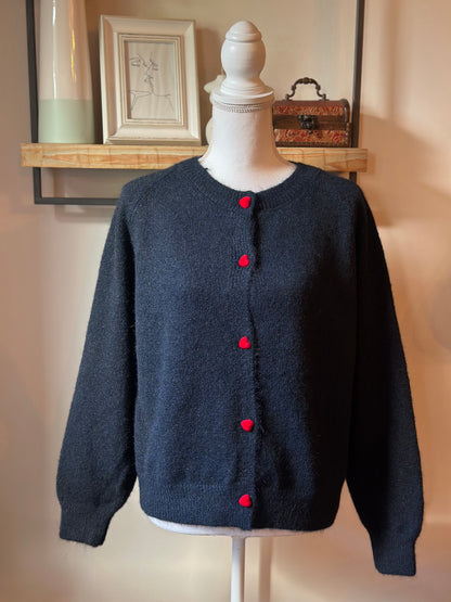 Cardigan marine en maille laine, boutons cœur rouge, T.U