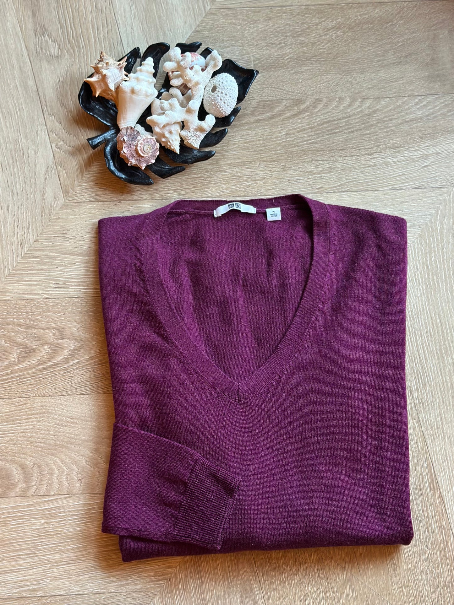 Pull col V uni bordeaux en laine T.38
