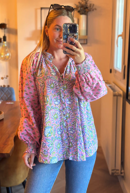 Blouse bohème modèle Raquel rose à motifs T.U (36 au 42)